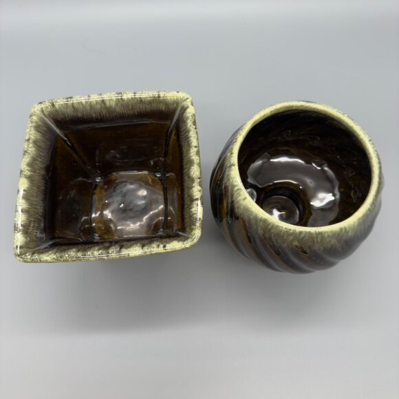 Vintage Hull Pottery USA Set of 2 Brown Green Drip Glaze Ceramic Planters MCM - Picture 2 of 16